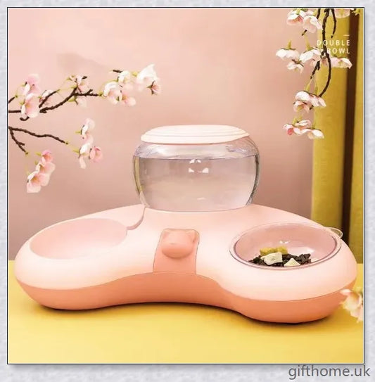 Automatic pet feeding and drinking bowl with crescent-shaped design, available in grey, powder, and green colours