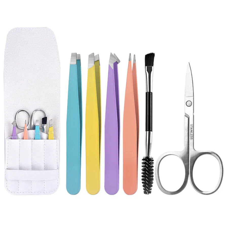 Premium 6-Piece Eyebrow Grooming Kit with Precision Tweezers, Curved Scissors, and Dual-Sided Brow Brush