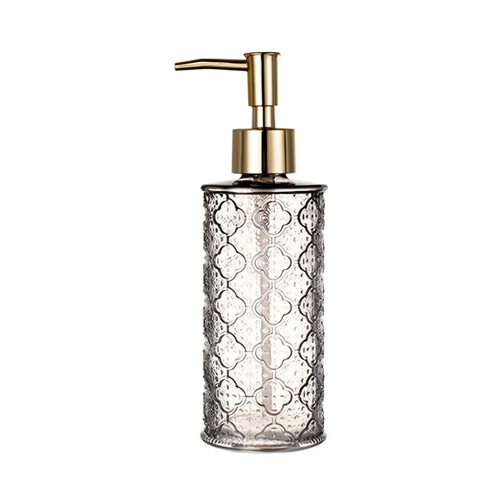 Elegant 280ml glass soap dispenser in pink colour, suitable for bathroom and kitchen use