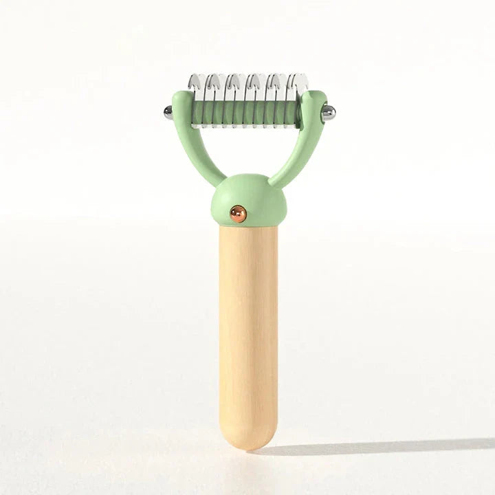 Double-sided pet hair comb with stainless steel blades and ergonomic wooden handle for effective grooming