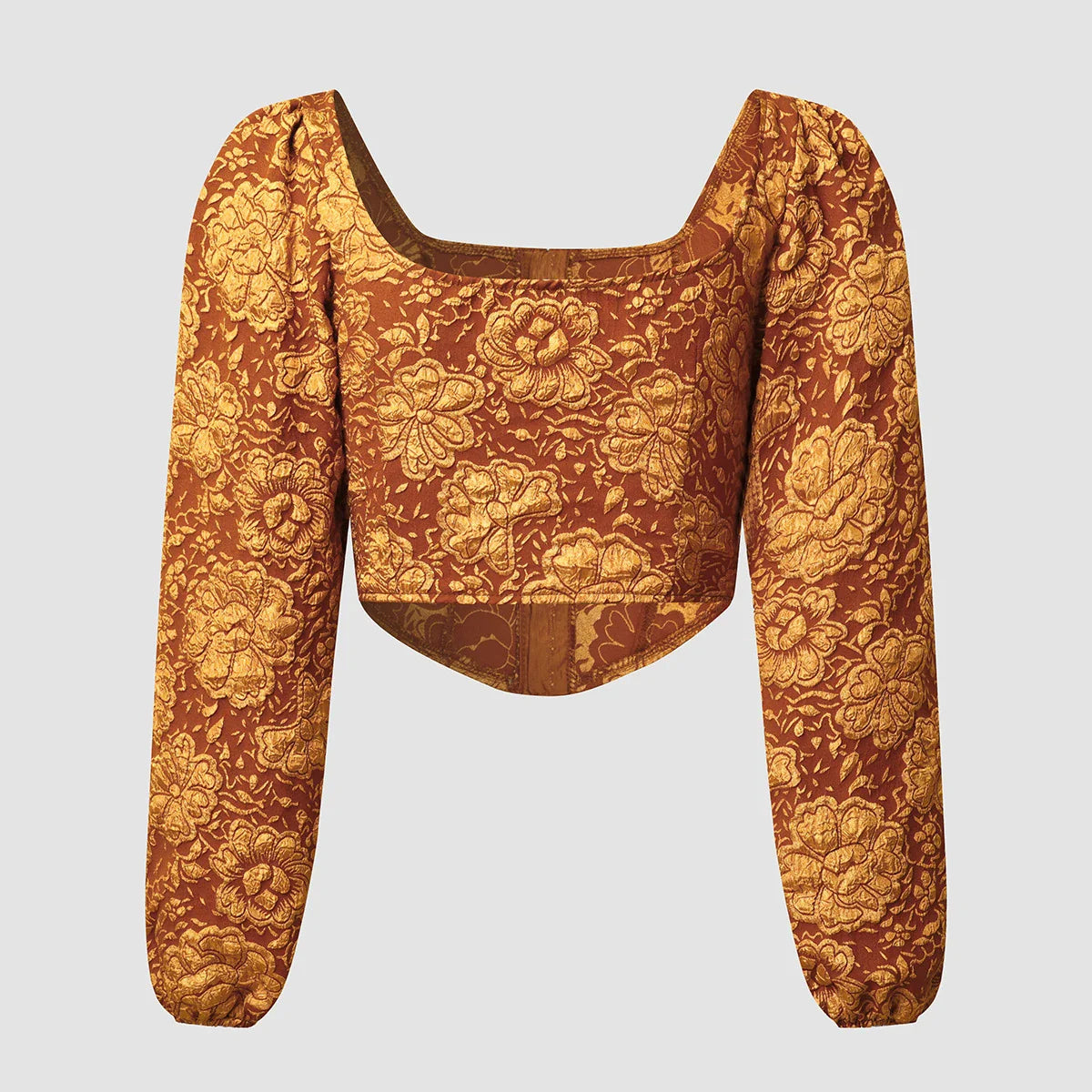 Embroidered long-sleeve tank top in brown, with square neckline and bubble sleeves