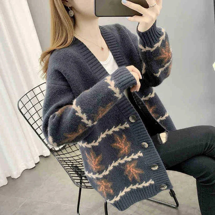 Women's Maple Leaf Knitted Cardigan in Light Coffee Colour with Loose, Relaxed Fit and Long Sleeves