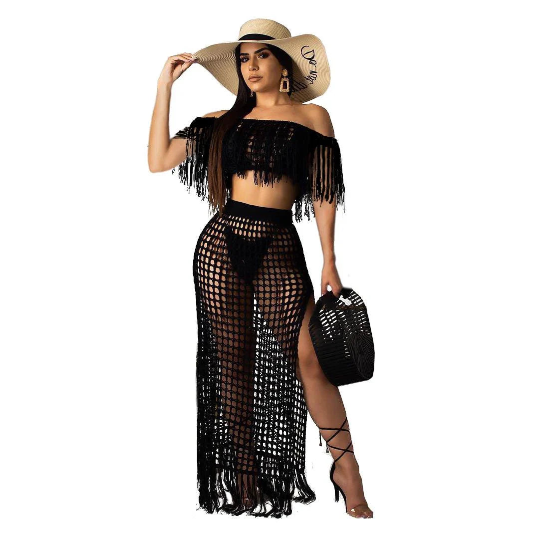 Elegant handcrafted off-shoulder beach skirt set with tassel accents in black, white, and rose red colours