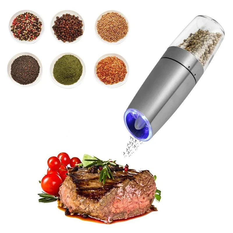 Premium electric automatic salt and pepper mill with adjustable coarseness, battery-operated, and LED light for precise seasoning
