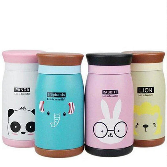 Stylish stainless steel vacuum insulated thermomug with playful cartoon design, available in various vibrant colours