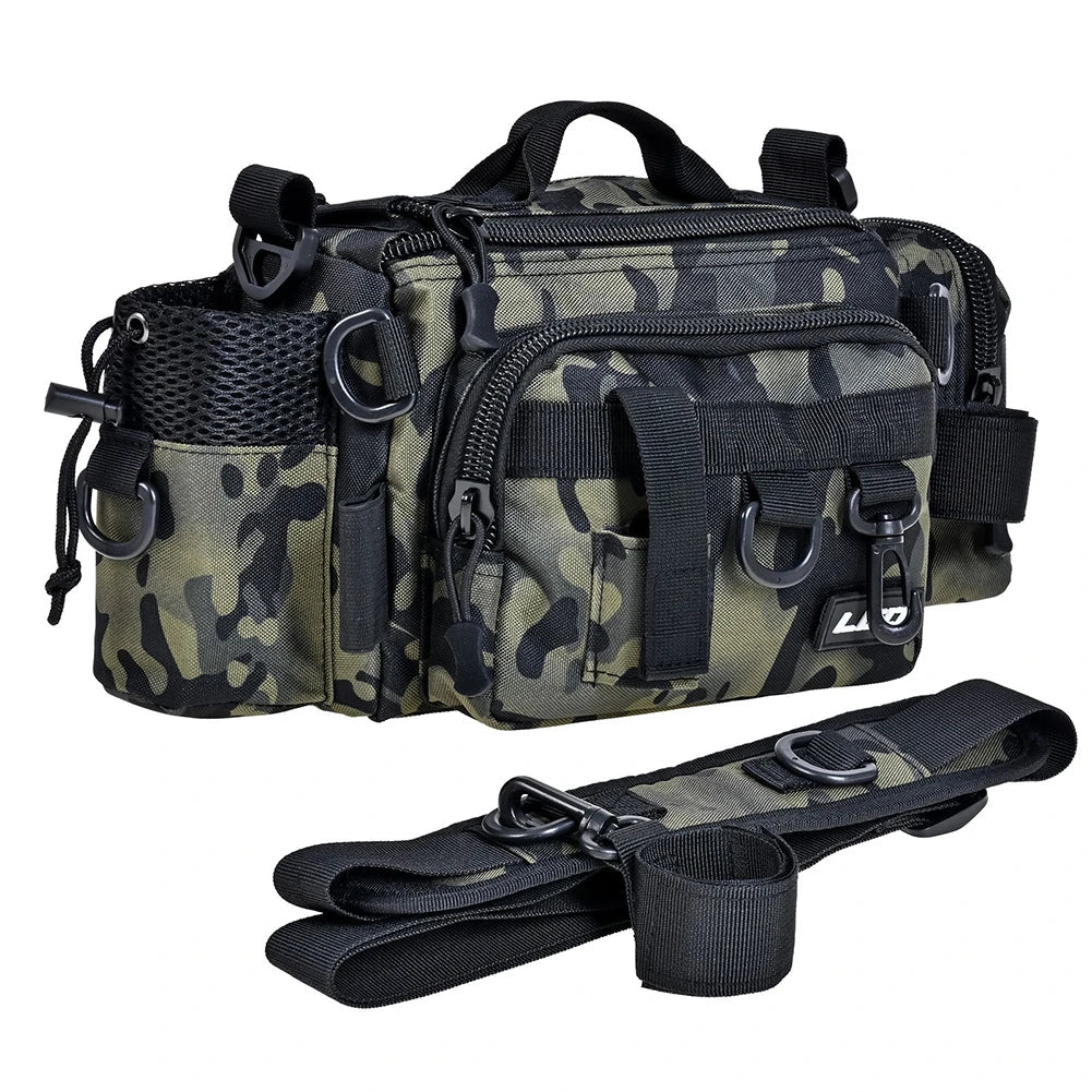 Premium green camouflage fishing tackle kit with Oxford cloth construction and convenient one-shoulder pocket for UK anglers