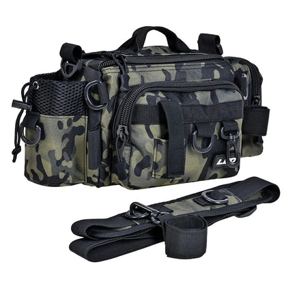 Premium green camouflage fishing tackle kit with Oxford cloth construction and convenient one-shoulder pocket for UK anglers