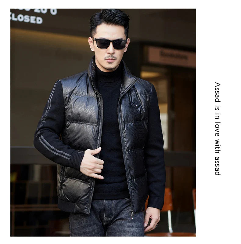 Warm and weatherproof men's down jacket with stand collar and knitted sleeves, made from premium polyester fibre and filled with luxurious duck down