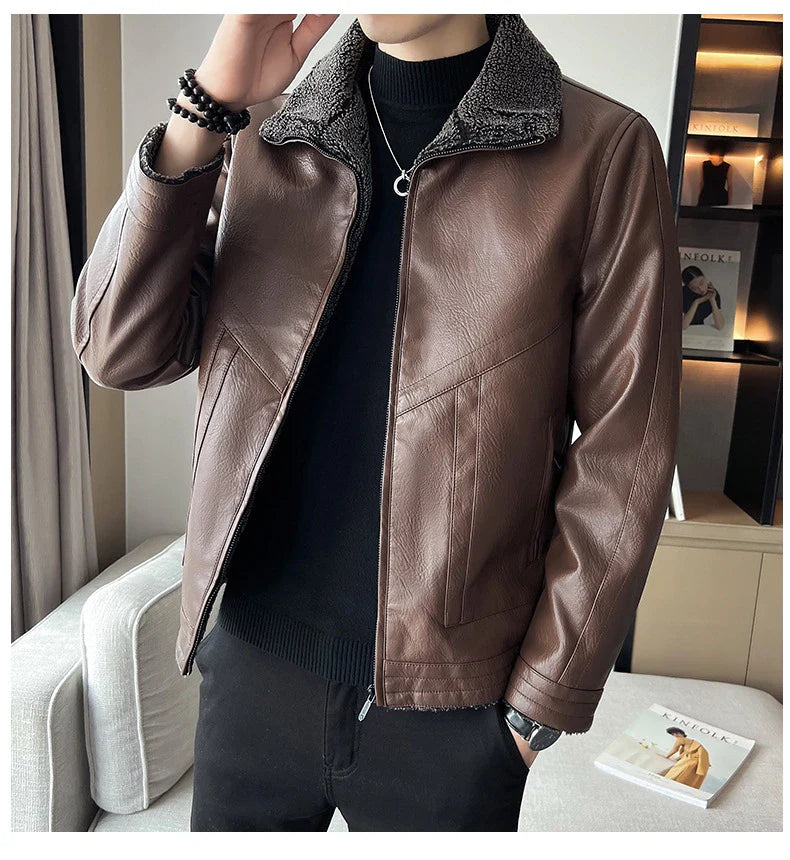 Premium plus-size leather jacket in classic Hong Kong style with velvet padding for exceptional comfort and warmth