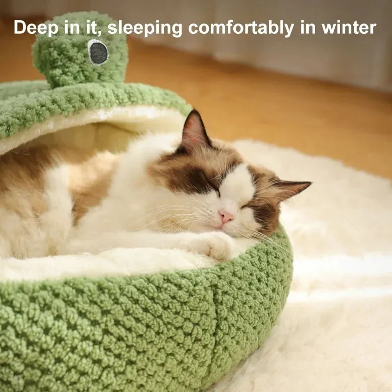 Cosy frog-shaped pet bed made of plush bubble velvet material, providing warmth and comfort for small cats and dogs