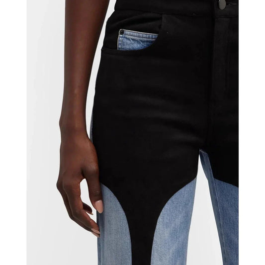 Women's stylish high-waist wide-leg jeans with contrast stitching in black and blue