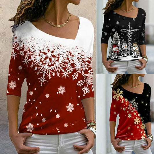 Women's Christmas-themed long sleeve pullover top with diagonal collar and festive print design