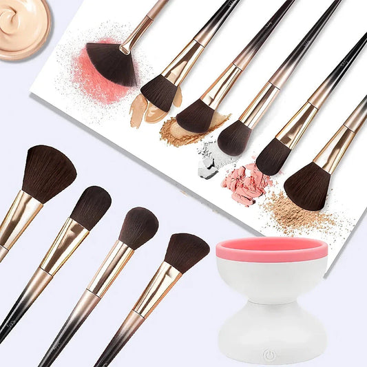 Electric USB makeup brush cleaner and dryer with silicone collar and automatic spinning action for thorough cleaning and drying of makeup brushes