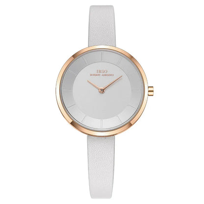 Stylish slim ladies' waterproof watch in various colours, including black, tan, grey, and white, with rose gold or silver accents.