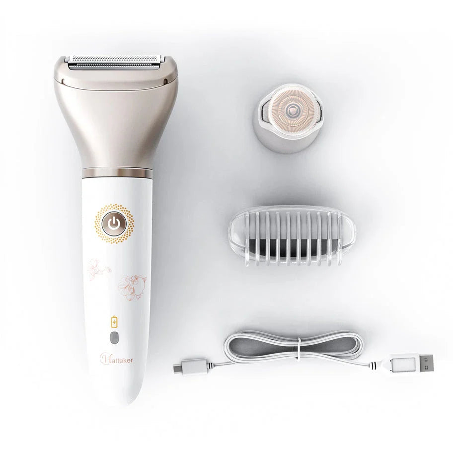 Sleek and efficient electric ladies shaver with hypoallergenic hair removal kit, wireless hand-held design, and IPX7 waterproof capability for flawless grooming