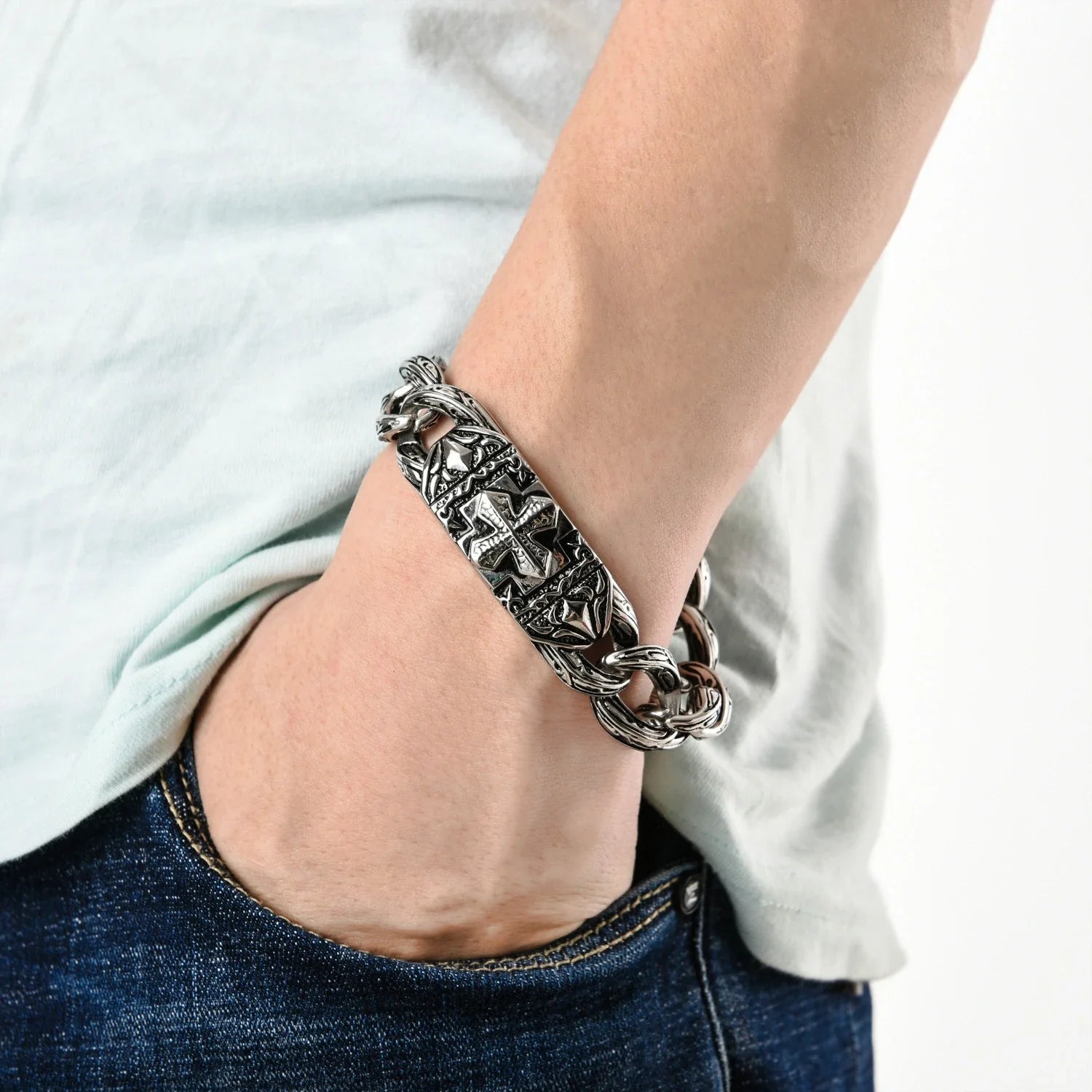 Stainless steel bracelet with a sleek cross design, a versatile and fashionable accessory for any occasion