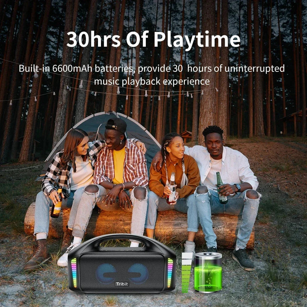 Premium 90W outdoor Bluetooth speaker with powerful sound, 30-hour playtime, and mesmerizing LED lights
