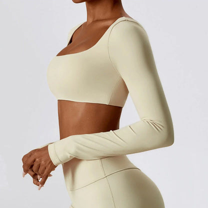 Stylish long sleeve crop top yoga shirt in green, designed for comfort and performance during workouts