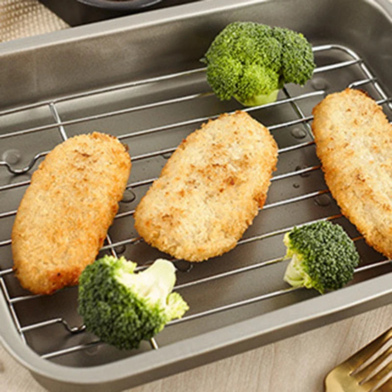 Premium non-stick oven grilled fish tray with elevated frame, ideal for cooking a variety of proteins to perfection