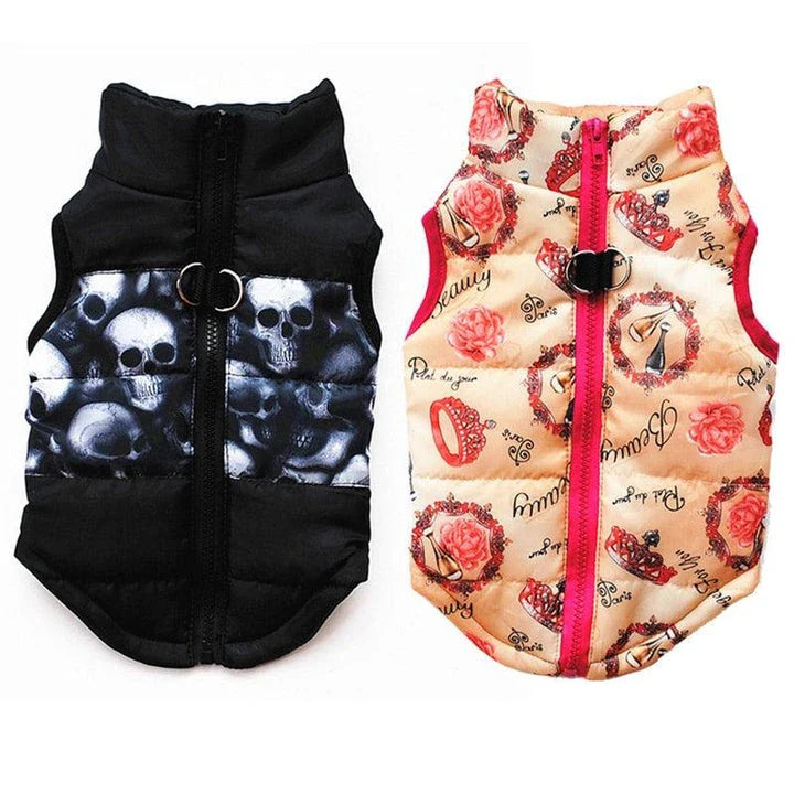 A cosy and stylish winter jacket for pets, featuring vibrant printed patterns and a snug, comfortable fit.
