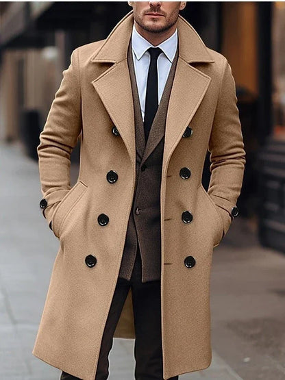Premium double-breasted woollen men's coat in dark grey, perfect for British winters