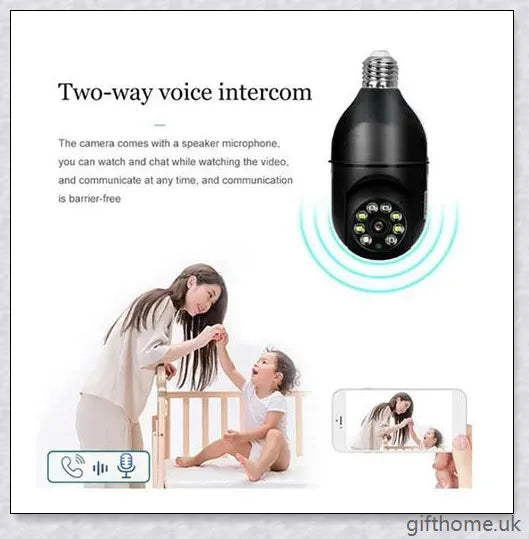 5G Wi-Fi smart home surveillance bulb camera with 360-degree coverage, night vision, and remote monitoring capabilities