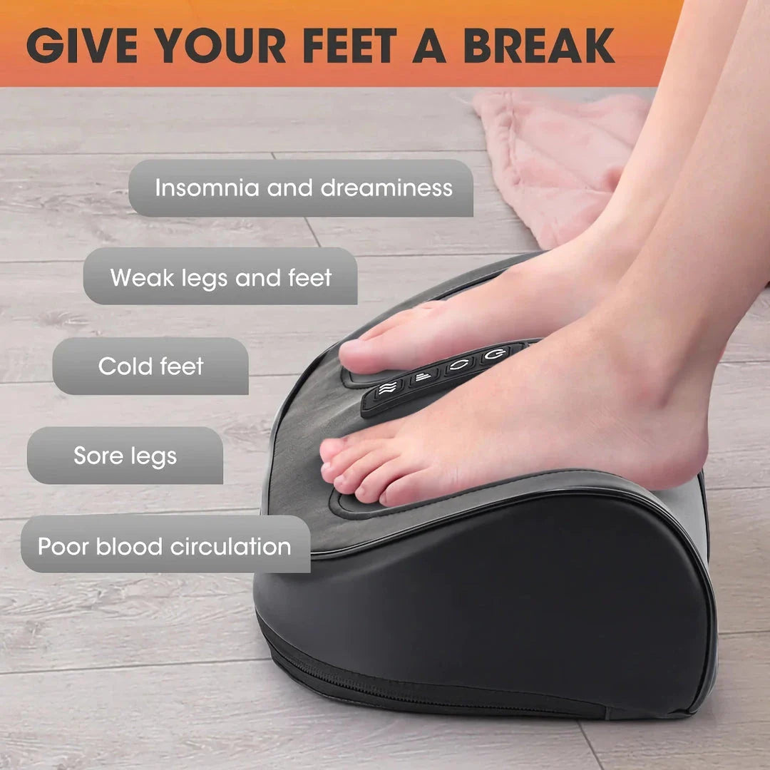 A luxurious electric foot and calf massager with Shiatsu kneading and a soothing 42°C hot compress, providing professional-grade relaxation and muscle recovery at home.