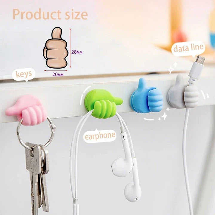 Hand-shaped silicone hooks in blue colour, used to organise desks, bathrooms, and cars