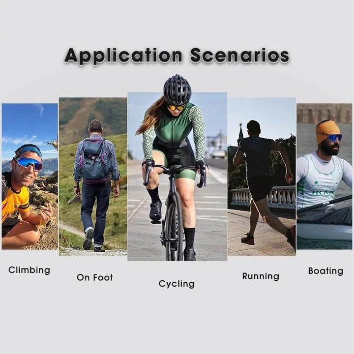 Pair of black photochromic cycling sunglasses with adjustable fit and UV400 protection
