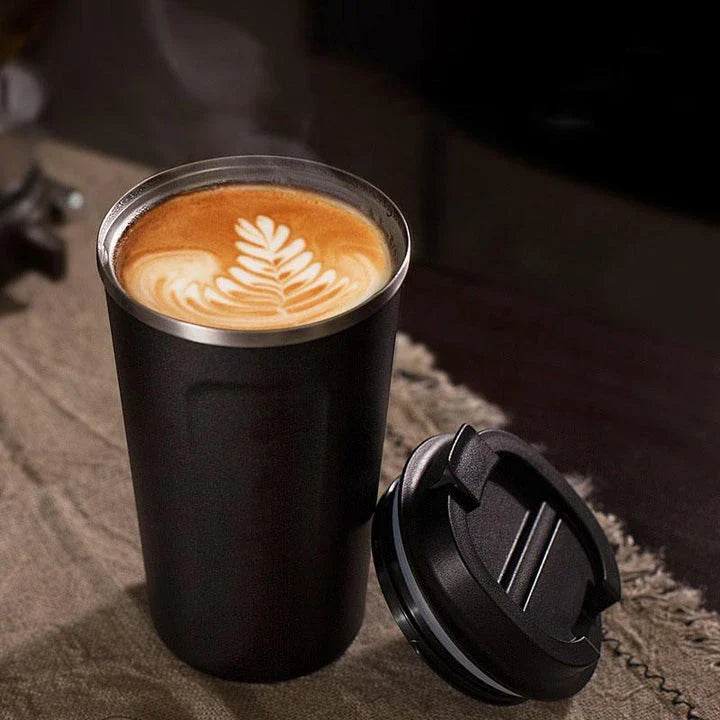 Stylish and durable stainless steel thermos mug with double-wall vacuum insulation, keeping drinks hot or cold for hours on end.