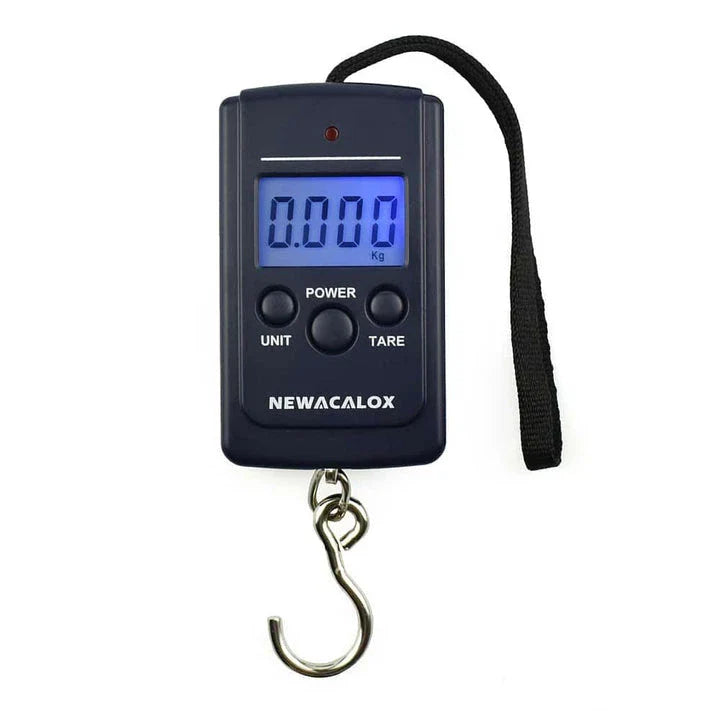 Premium portable digital luggage scale with weighing hook for travel, made with durable ABS plastic and featuring an easy-to-read LCD display