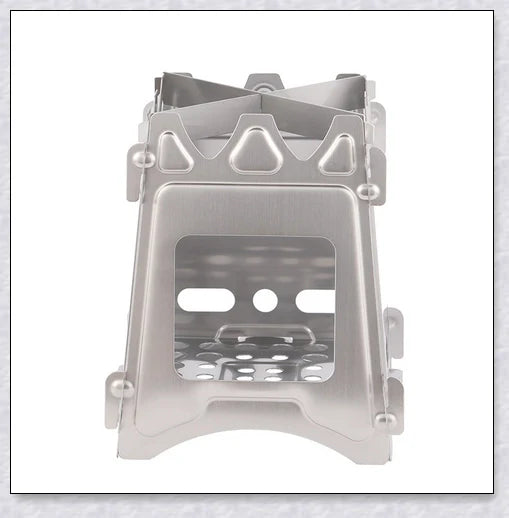Compact titanium wood-burning camping stove with a folding design and carrying case for easy transport and storage
