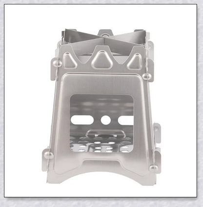 Compact titanium wood-burning camping stove with a folding design and carrying case for easy transport and storage