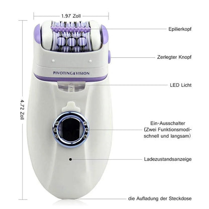 Premium 3-in-1 electric epilator and shaver for women with carbon steel blades, two speed settings, and built-in LED light for smooth, hair-free skin