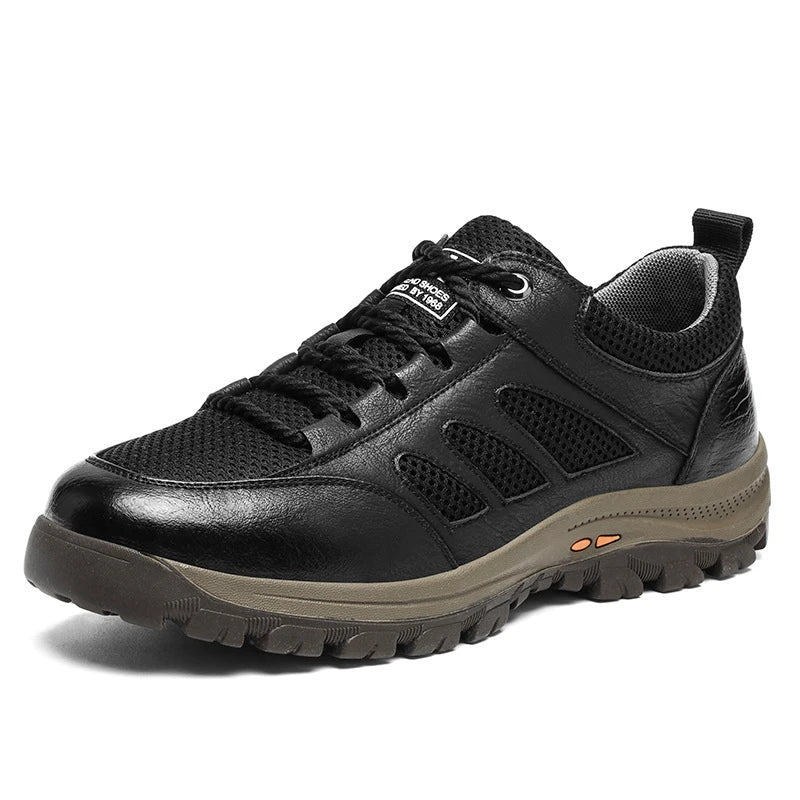 Premium breathable leather sports trainers in black and brown colours, featuring a mesh upper and comfortable sole