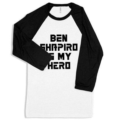 Premium Ben Shapiro baseball-style t-shirt in white and navy colours, featuring contrast raglan sleeves and side-seam detailing for a tailored fit