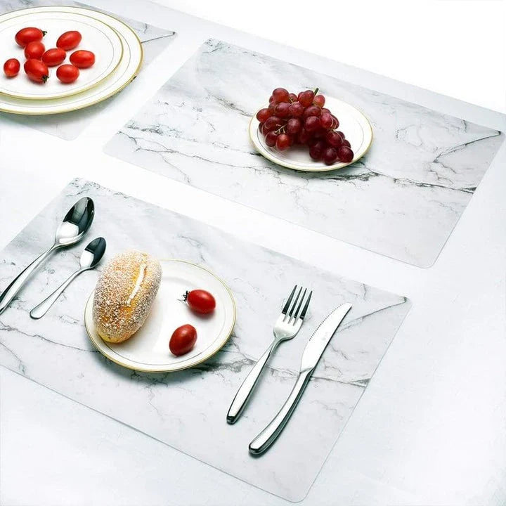 Marble pattern placemats in black and white color, made of durable PVC material to protect your dining table