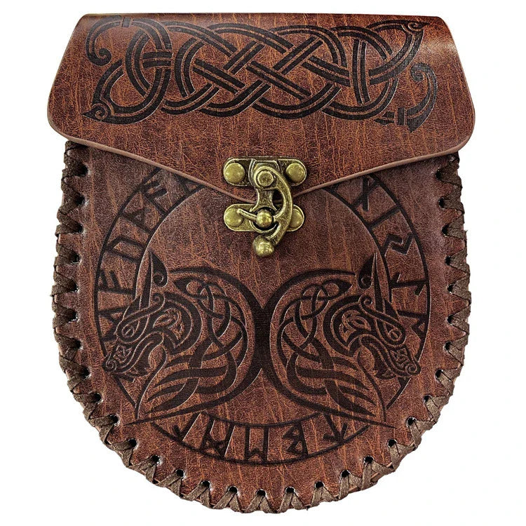 Renaissance-inspired PU leather waist purse with double-dragon and double-wolf design, a stylish accessory for cosplay and photography.
