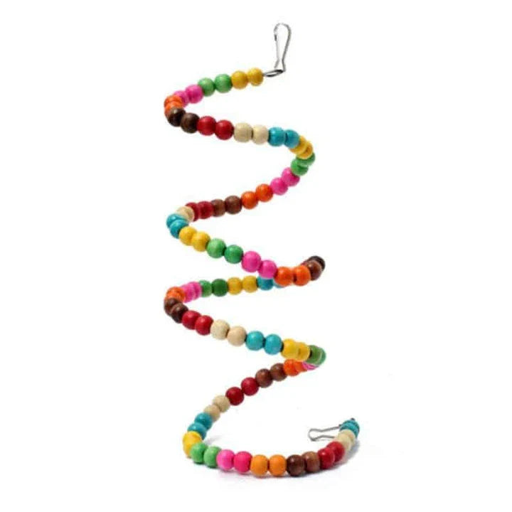Multicolored bird swing made of wood and iron wire, designed to provide amusement and enrichment for pet birds