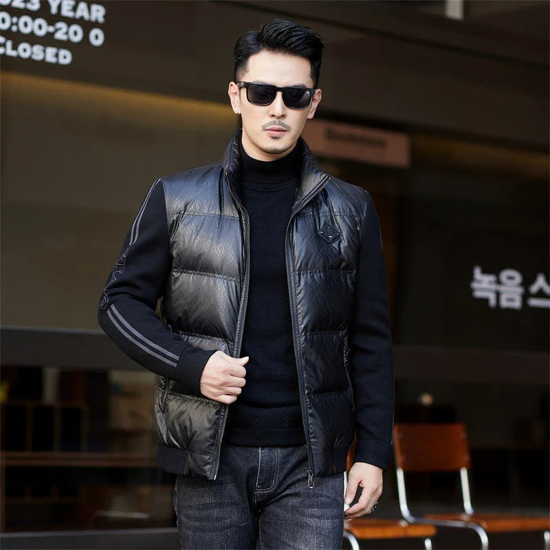 Warm and weatherproof men's down jacket with stand collar and knitted sleeves, made from premium polyester fibre and filled with luxurious duck down