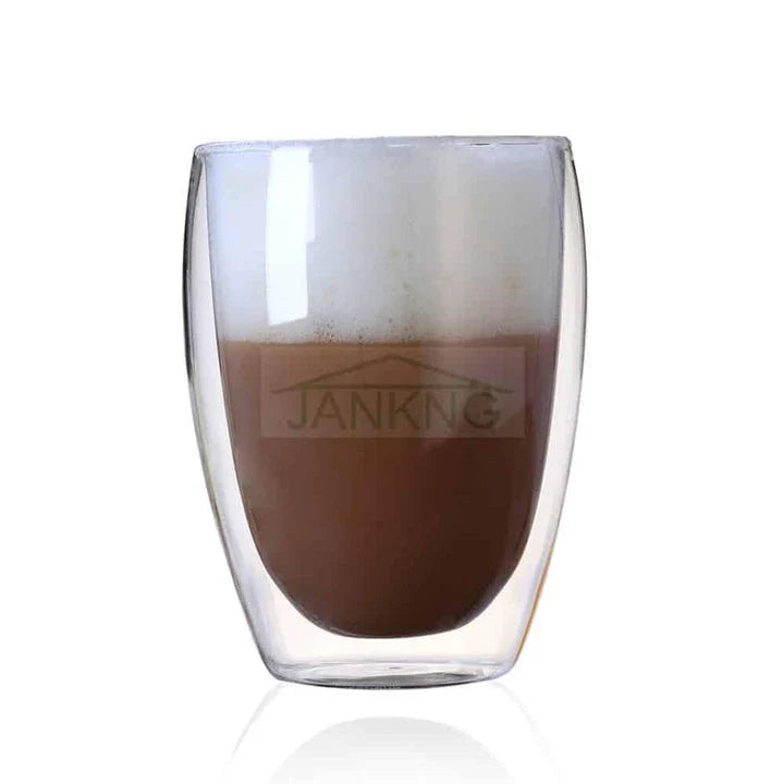 Stylish double-walled glass cup with elegant design, perfect for enjoying hot and cold drinks at the perfect temperature.