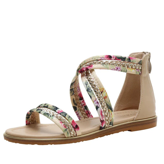 Stylish non-slip Roman sandals with open toe and floral cloth upper, available in black, pink, and apricot colours