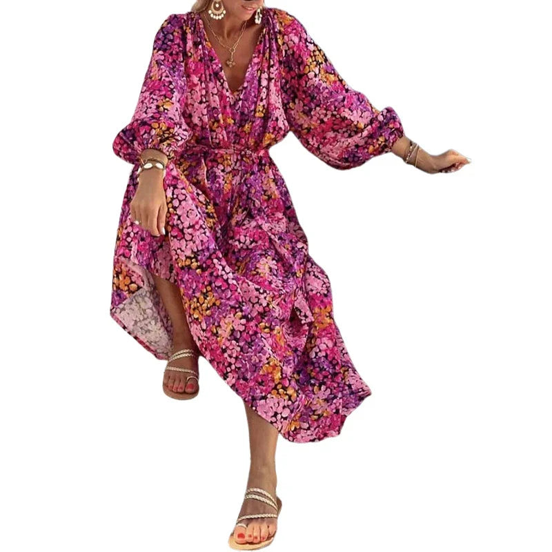 Elegant floral printed midi dress with long sleeves, perfect for UK fashion and style