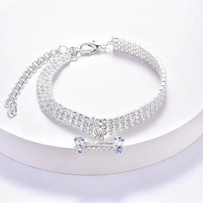 Luxury adjustable pet collar with sparkling zircon bone pendant in silver, gold, and rose gold colours