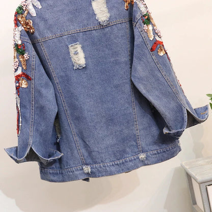 Premium embroidered denim jacket with slimming beaded sequins in a relaxed, flattering fit