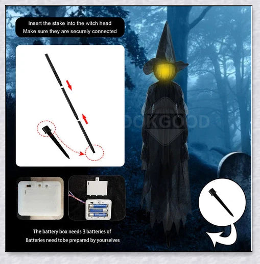 Three tall, black-robed witch figures with faceless glowing heads, standing together and holding hands, creating a spooky outdoor Halloween display