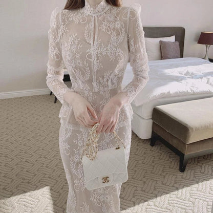 Elegant white lace crochet shirt with stand collar and ruffled fishtail hip skirt