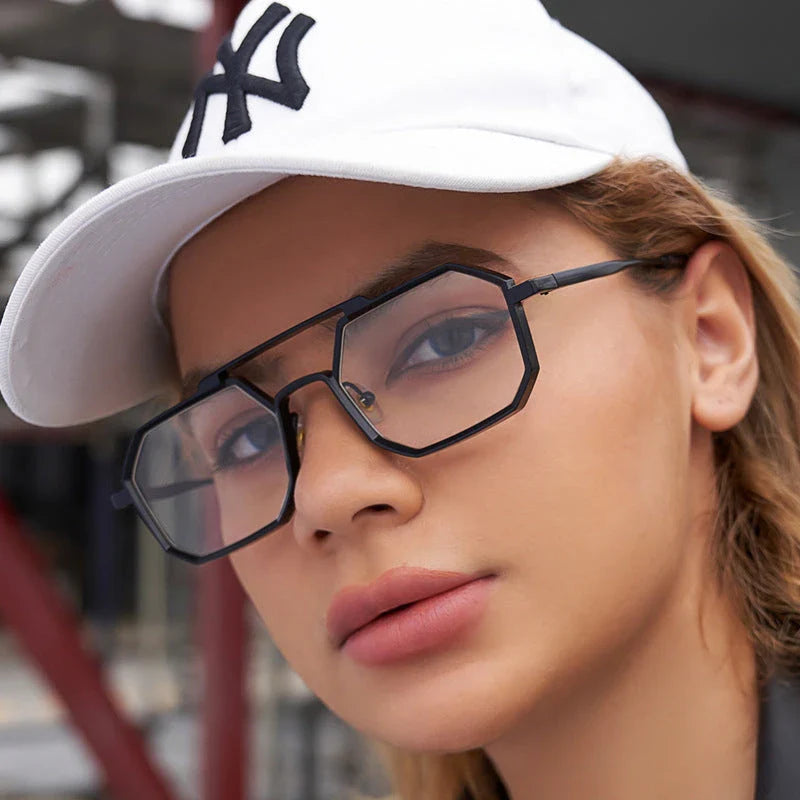 Stylish polygonal double bridge sunglasses with metal frames and mirror-coated lenses for men and women