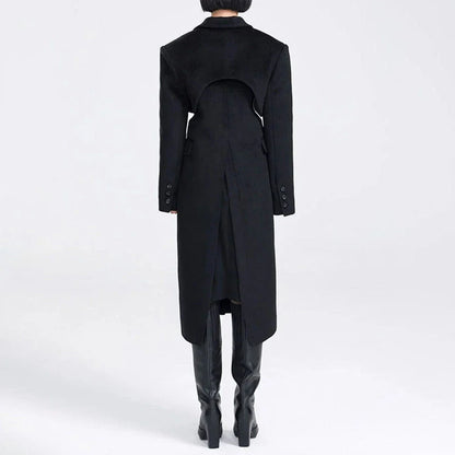 Elegant autumn-winter woollen overcoat with waist cut-out design, turn-down collar, and single-button closure