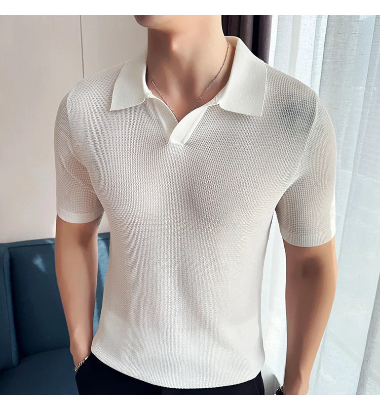 A premium cotton blend polo shirt in classic colours, featuring a v-neck lapel collar and slim fit design for a sophisticated casual look.